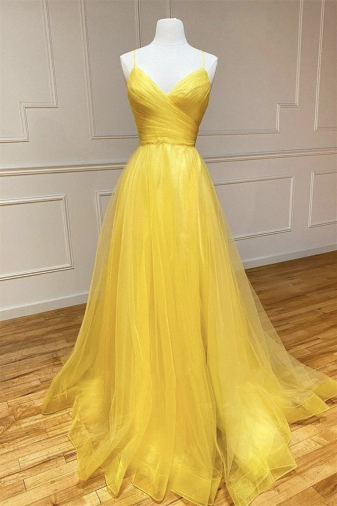 Fabulous Yellow Spaghetti-Straps Tulle Prom Dress String Back
