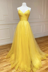 Fabulous Yellow Spaghetti-Straps Tulle Prom Dress String Back