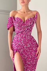 Charming Purple Off-the-Shoulder Sequins Prom Dress Mermaid Long With Split