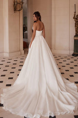 Strapless Long V-Neck Wedding Dress in Elegant White Chiffon with Split