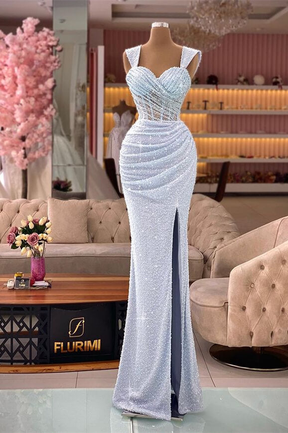 Glamorous Straps Sweetheart Mermaid Sequin Split Evening Dress with Pleats