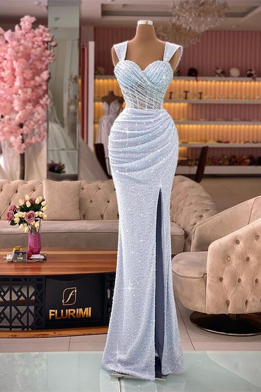 Glamorous Straps Sweetheart Mermaid Sequin Split Evening Dress with Pleats