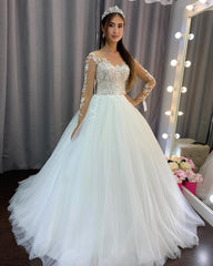 Elegant A-line Wedding Gown with Long Lace Sleeves and Tulle