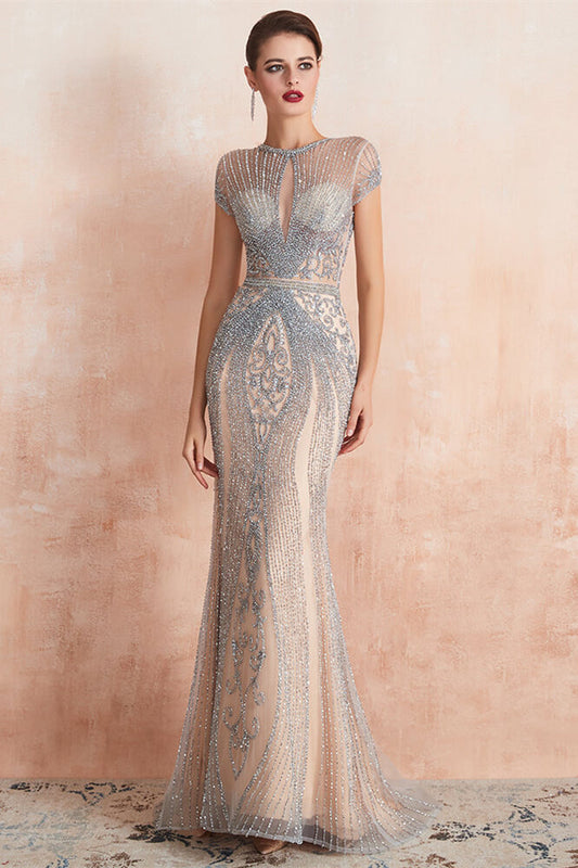 New Arrival Short Sleeves Mermaid Prom Dress Beadings Keyhole