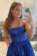 Royal Blue Straight Across A Line Long Prom Dress With Sequins