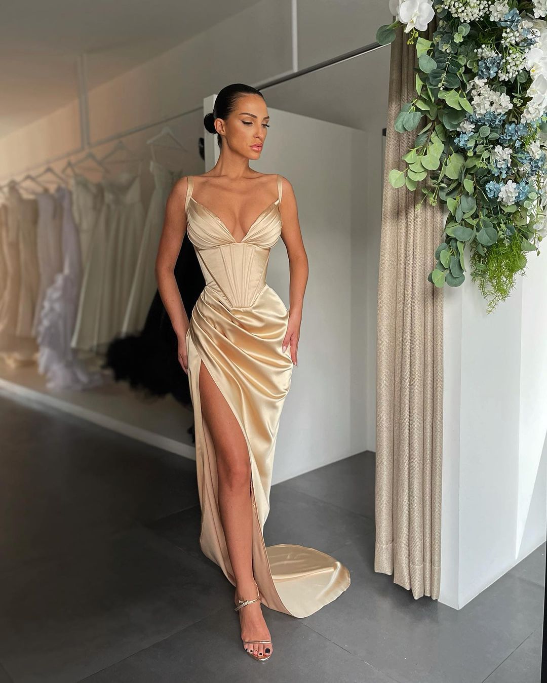 Blushing Pink Pleated Prom Dress V Neck High Slit