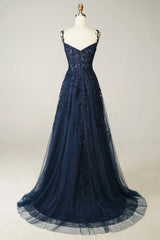 Sleeveless Spaghetti Strap Tulle Prom Dress Applique Mermaid Dress YB0096