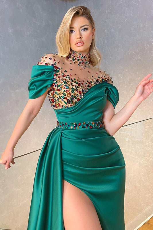 Modern High neck Emerald Green Mermaid Prom Dresseses Off-the-Shoulder Slit With Crystals