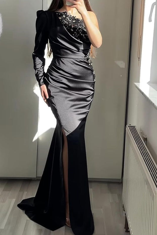 Classy One Shoulder Long Sleeves Mermaid Prom Dress Split With Beadings