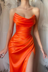 New Arrival Orange Strapless Sleeveless Mermaid Prom Dress Pleats With Split