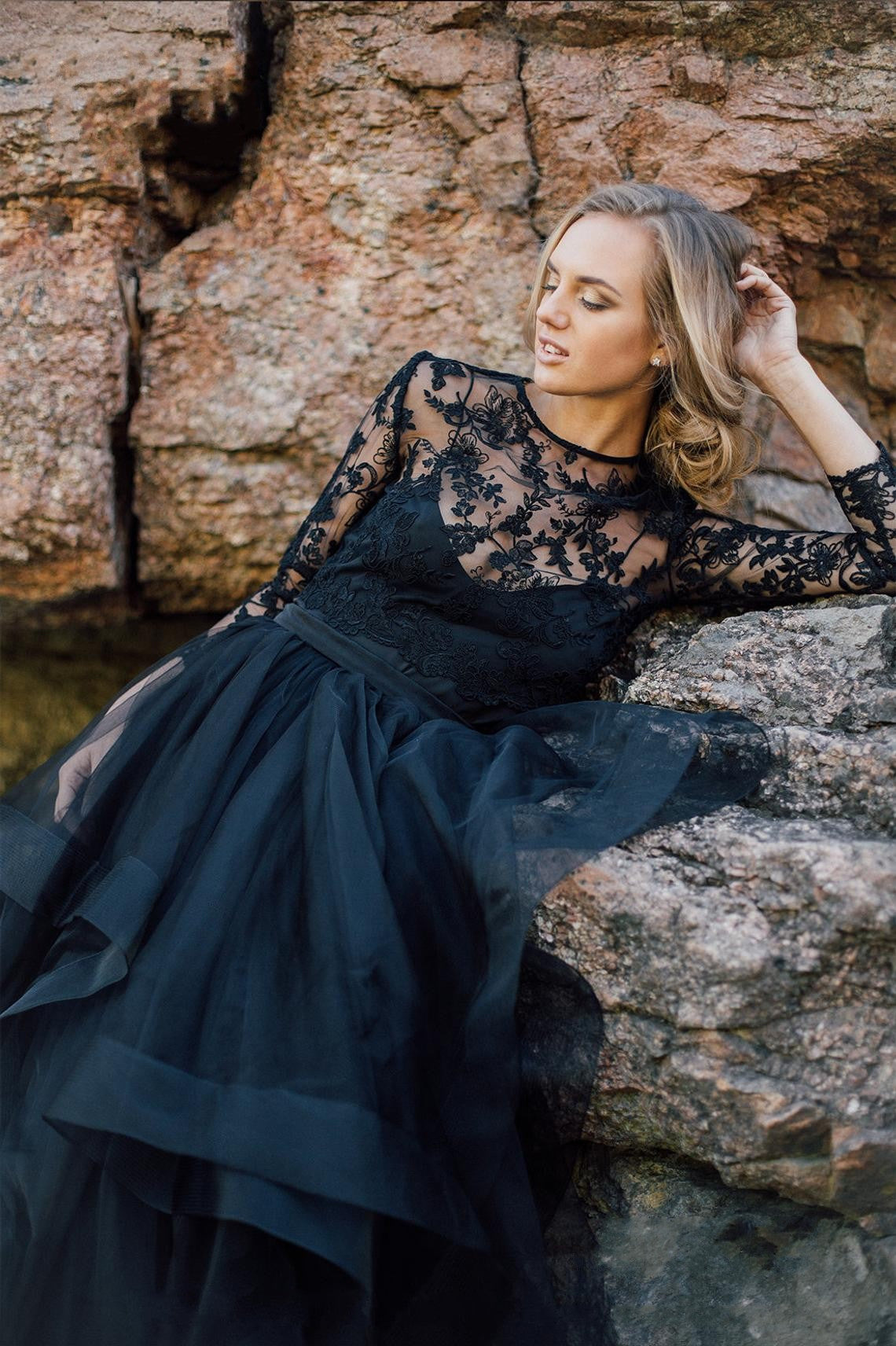 Elegant Black A-Line Wedding Dress with Bateau Neckline, Long Sleeves, and Lace Appliques