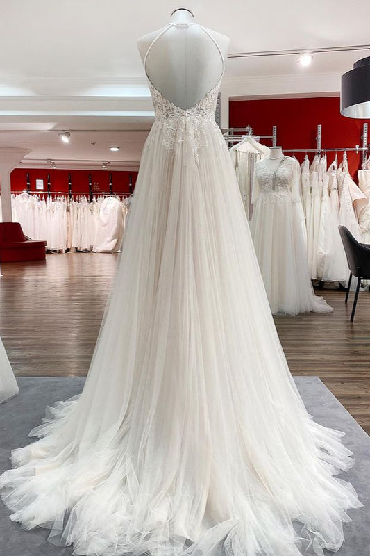 Elegant A-line Long Wedding Dress with Lace Tulle and Open Back