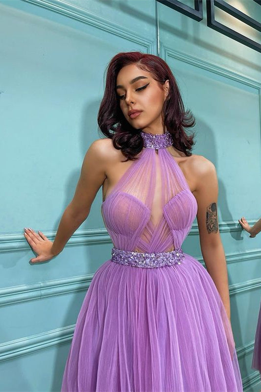 Amazing Lavender High Neck Short Tulle Prom Dress