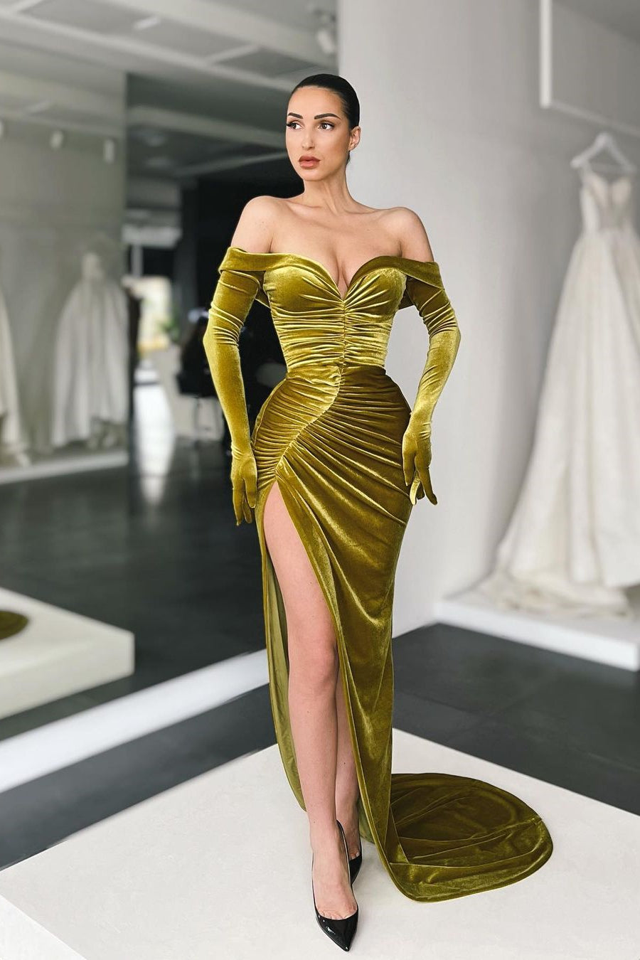 Gorgeous Long Sleeves Mermaid Prom Dress Split Off-the-Shoulder