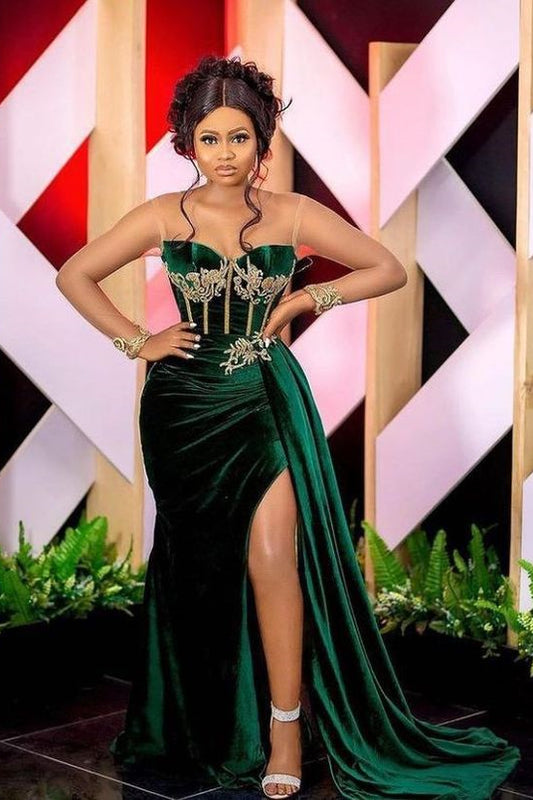 Gorgeous Dark Green Illusion Neck Mermaid Prom Dress Velvet Appliques With Split