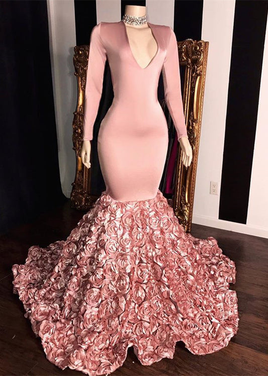 Fabulous Pink Long Sleeves V-Neck Prom Dress Mermaid With Flowers Bottom