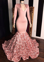 Fabulous Pink Long Sleeves V-Neck Prom Dress Mermaid With Flowers Bottom
