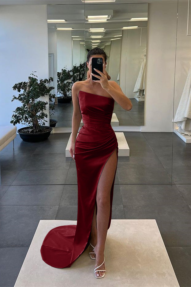 Sleeveless Strapless Long Mermaid Slit Prom Dress