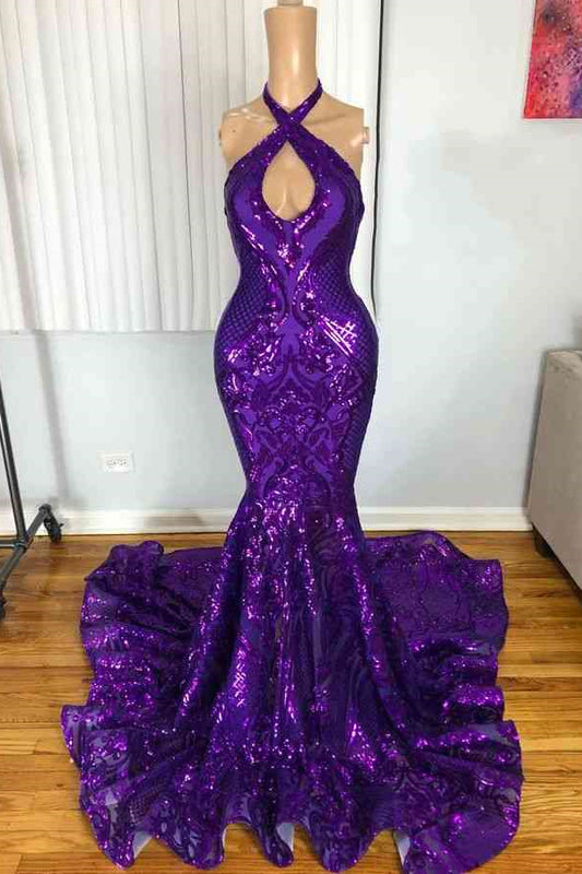 Gorgeous Purple Halter Sleeveless Mermaid Prom Dress With Sequins