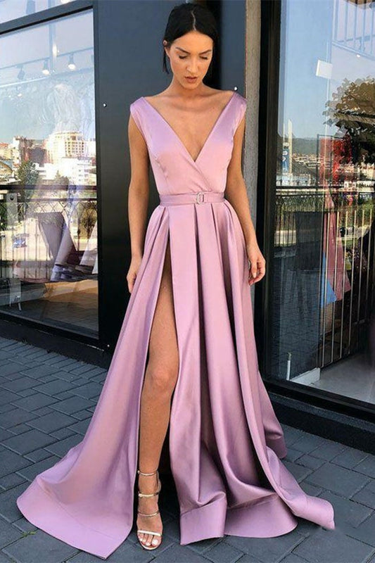 Modern V-Neck High Split Long Prom Dress Sleeveless
