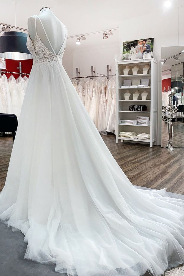 Elegant A-line Wedding Dress with V-neck, Sequins, Tulle Ruffles, and Backless Design