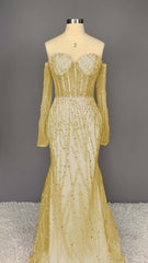 Heavy Champagne Prom Dress Sweetheart Long Sleeves Strapless Beads Mermaid Tulle