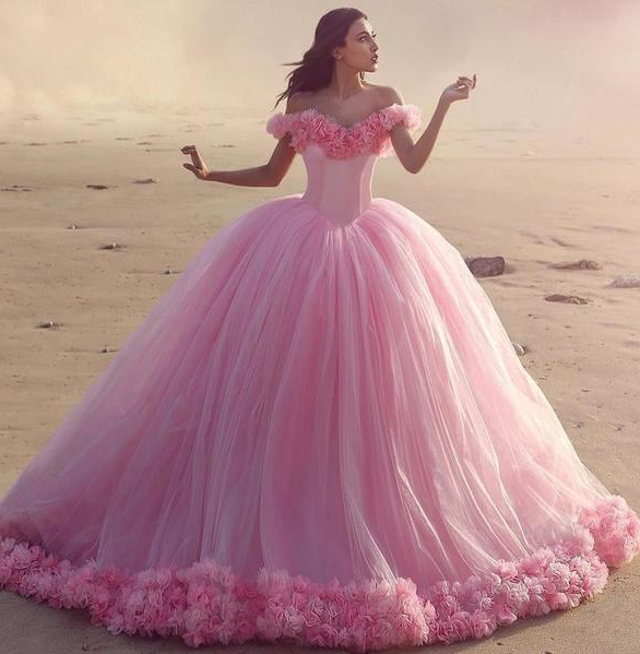 Pink Sweetheart Bridal Gown with Shiny Off-Shoulder Neckline and Rose Appliques