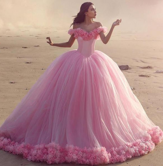 Pink Sweetheart Bridal Gown with Shiny Off-Shoulder Neckline and Rose Appliques