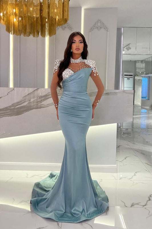 Charmeuse Dusty Blue Prom Dress Long Mermaid Tulle With Beads