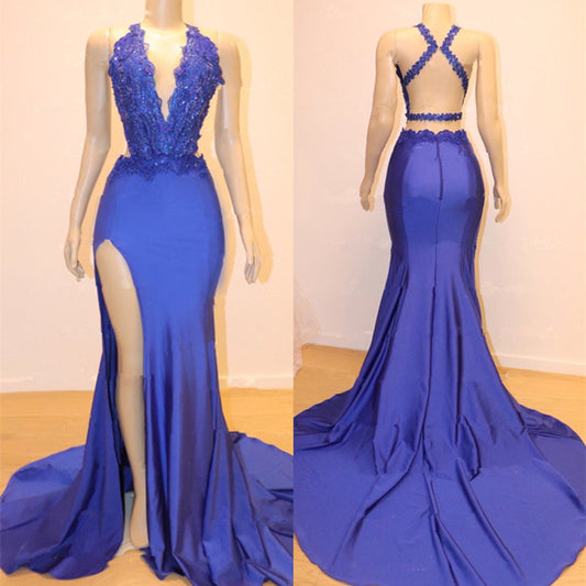 Gorgeous Blue Sleeveless V-Neck Mermaid Prom Dress Appliques With Slit