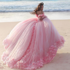 Pink Sweetheart Bridal Gown with Shiny Off-Shoulder Neckline and Rose Appliques