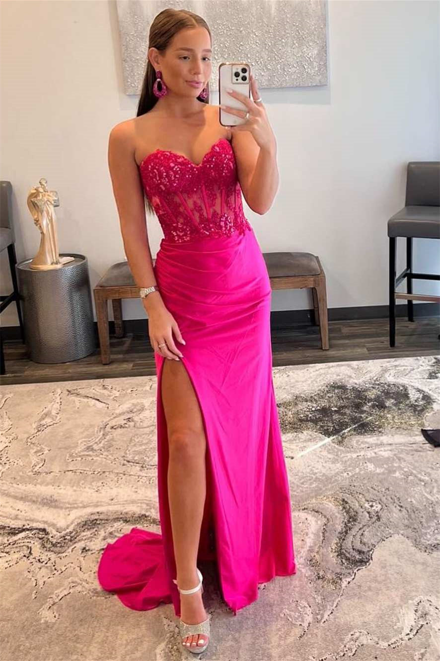 Fuchsia Sweetheart Prom Dress Mermaid Split Long With Lace Appliques
