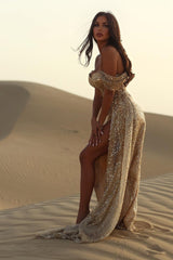 Champagne Sequins Evening Dress Off-The-Shoulder Long High Slit