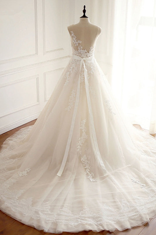 Long A-line Wedding Dress in Elegant Jewel Tulle with Lace Appliques