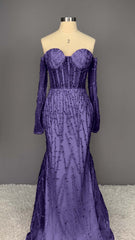 Heavy Champagne Prom Dress Sweetheart Long Sleeves Strapless Beads Mermaid Tulle