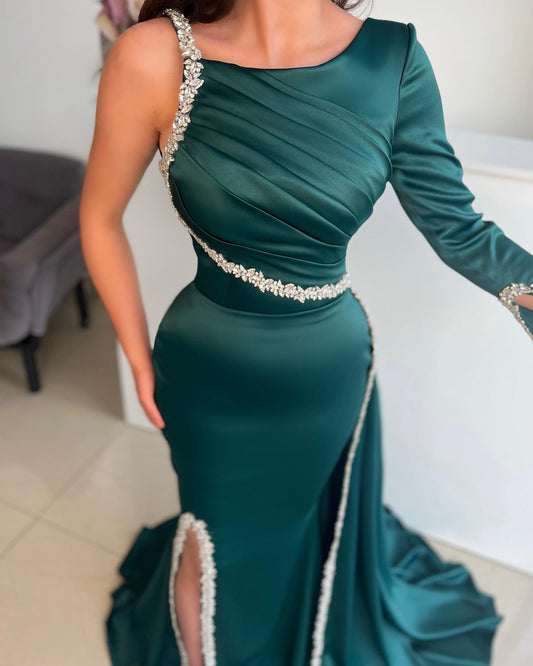 Modern Dark Green Long Sleeves Prom Dress Mermaid With Beads