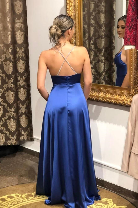 Modern Royal Blue Split Long Prom Dress Spaghetti-Straps
