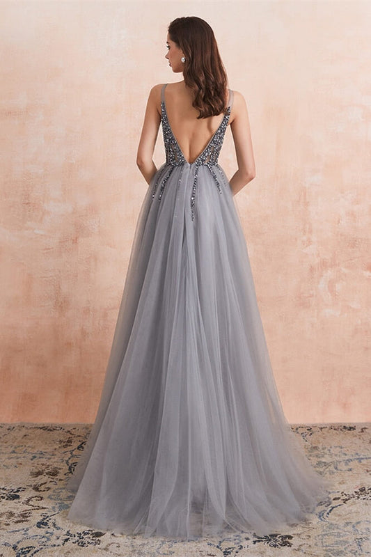 Gorgeous Silver Grey V-Neck Prom Dress Tulle Split With Beads