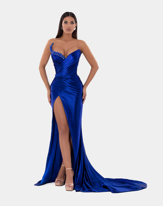 Royal Blue V Neck Mermaid Prom Dress Sleeveless Pleated High Split