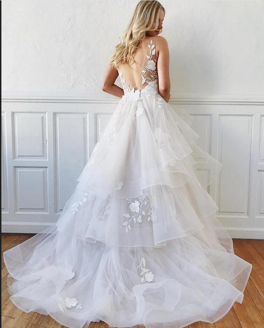 Elegant V-Neck Spaghetti Strap Lace A-Line Wedding Gown