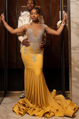Stunning Gold Cap Sleeves Mermaid Prom Dress Long With Beadings On Sale
