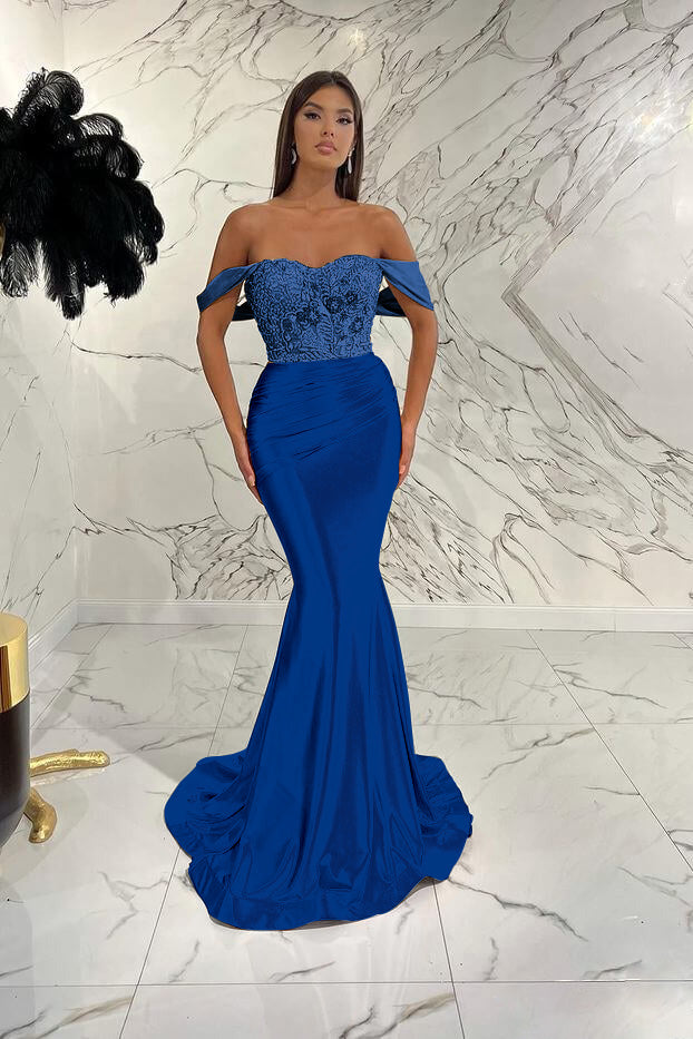 Elegant Off-the-Shoulder Mermaid Sequins Prom Dress with Beads Pleated