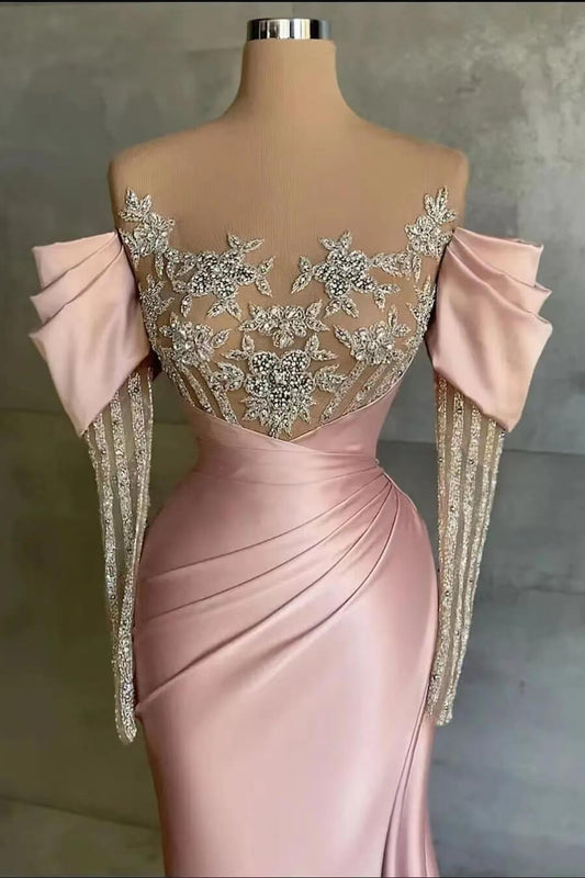 Pink Off-the-Shoulder Front Split Mermaid Long Sleeves Prom Dress Beadings with Appliques