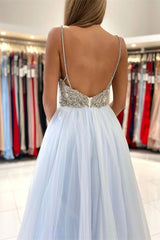 Amazing Spaghetti-Straps Sky Blue Prom Dress Tulle Open Back With Beads