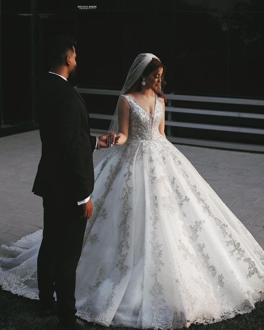 Elegant V-neck Princess Wedding Dress with Long Lace Appliques and Tulle