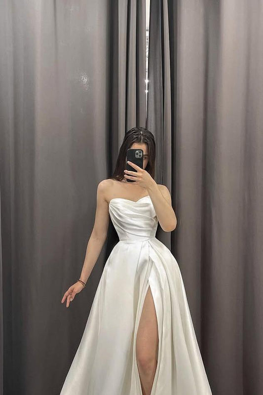 Elegant White Satin Long Strapless Pleated Wedding Gown with Side Split