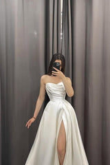 Elegant White Satin Long Strapless Pleated Wedding Gown with Side Split