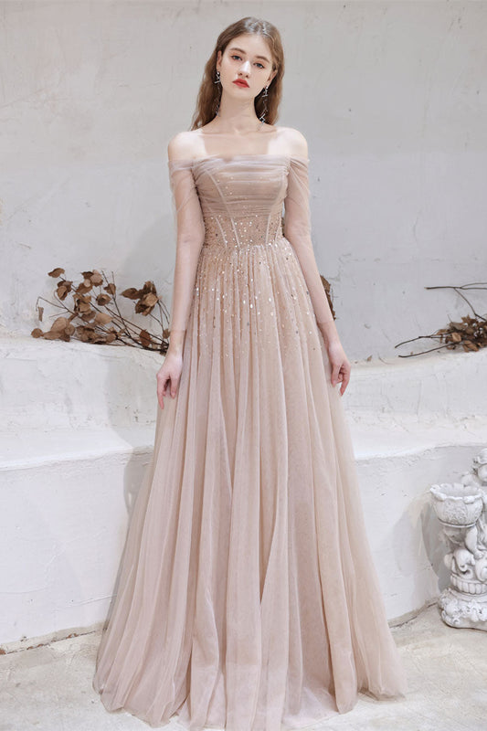 Gorgeous Sheer Long Sleeves Prom Dress Tulle Lace-up Off-the-Shoulde