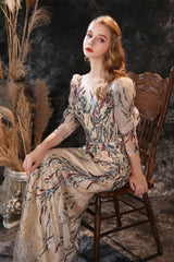 New Arrival Half Sleeves Sequins Mermaid Prom Gown Long Sheer