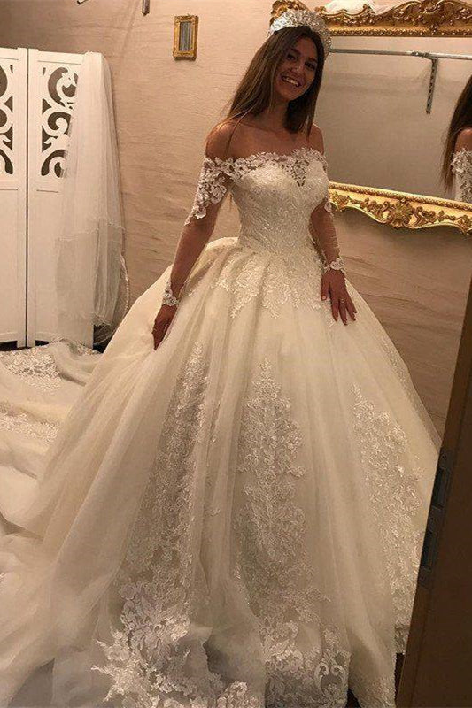 Off-the-Shoulder Long Sleeves Wedding Ball Gown Featuring Lace Appliques